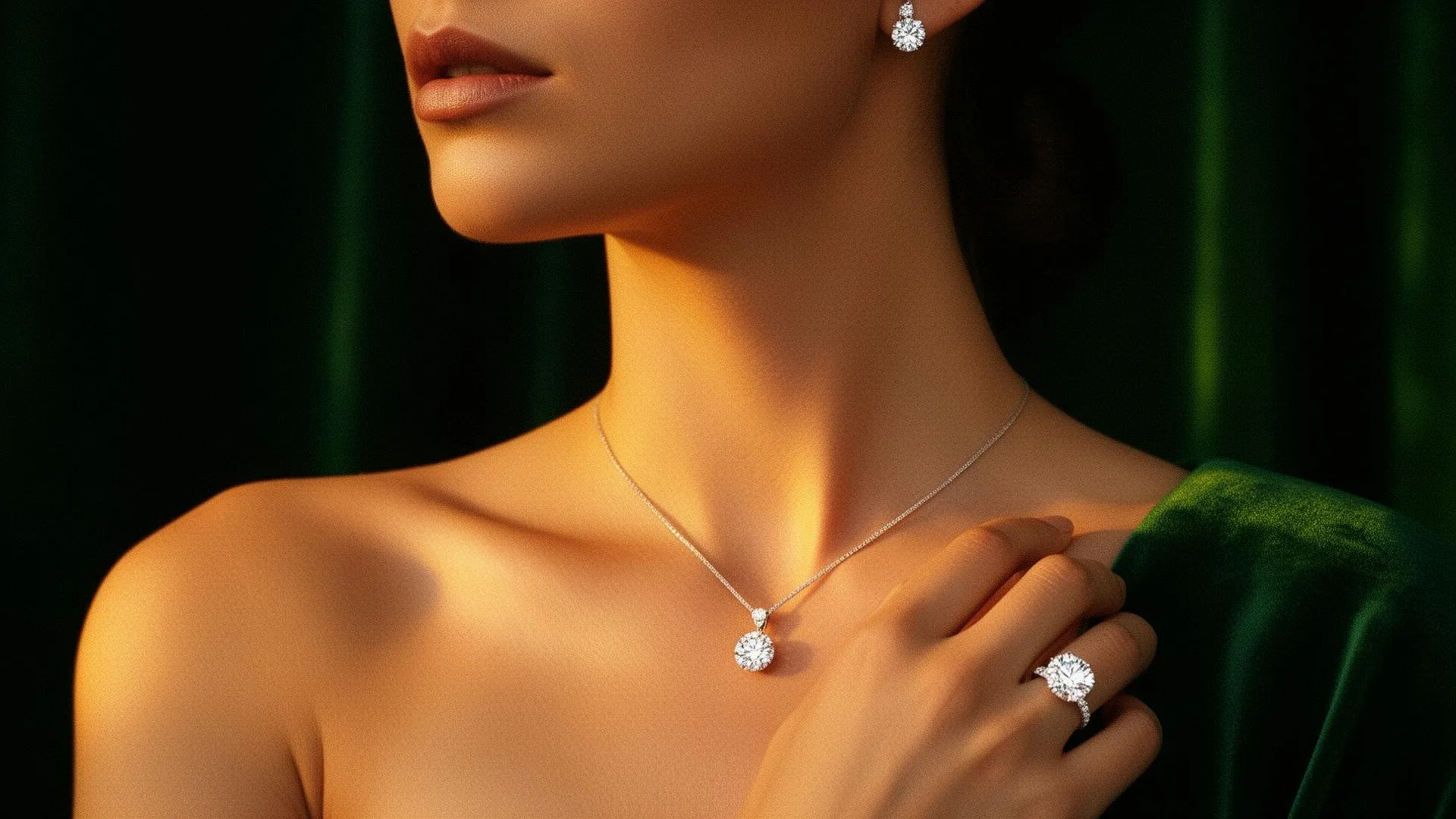Modell bär labbodlad diamantring, halsband och örhängen från Kiyana Jewels
