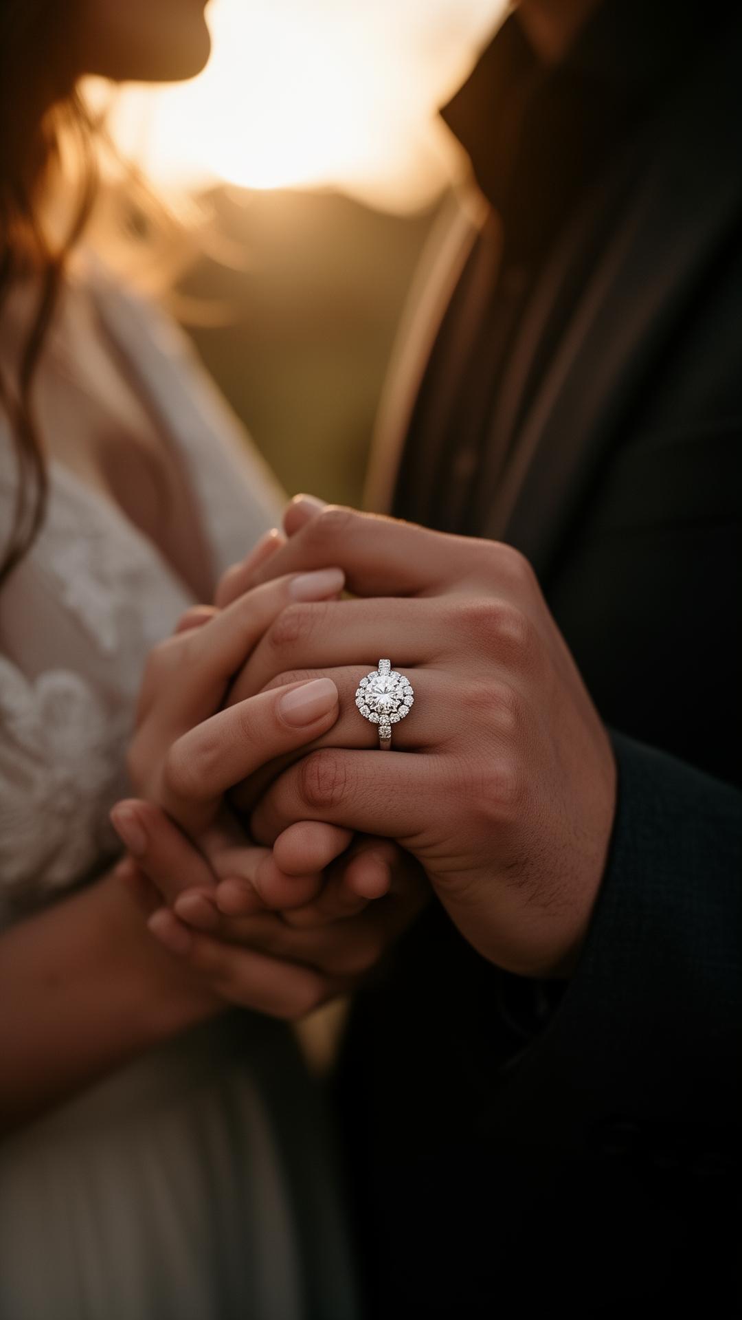 Par som håller varandras händer med diamantring