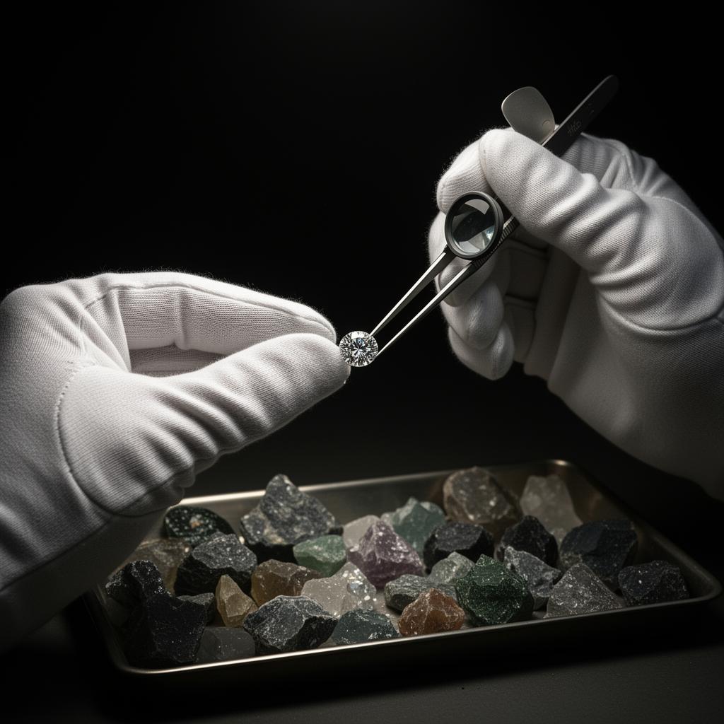 Mästergemmolog inspekterar labbodlad diamant
