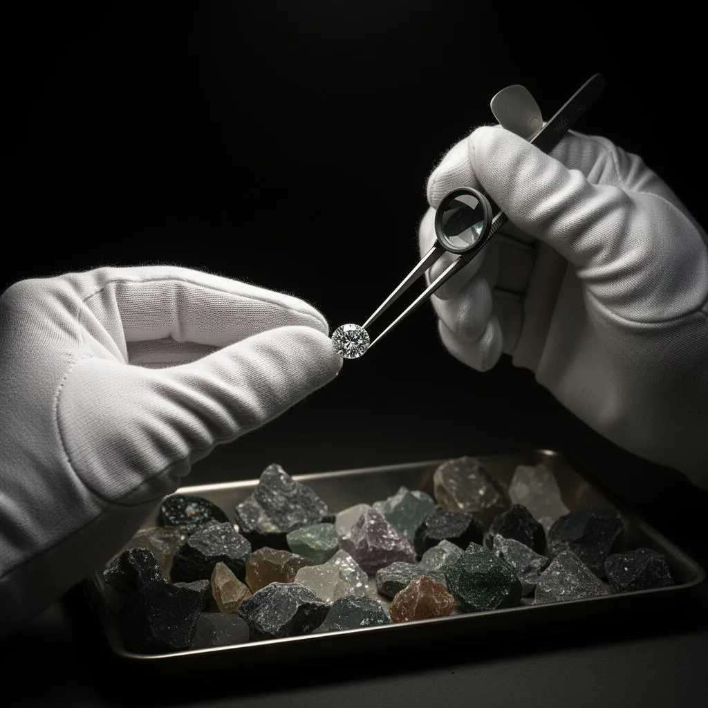 Mästergemmolog inspekterar labbodlad diamant
